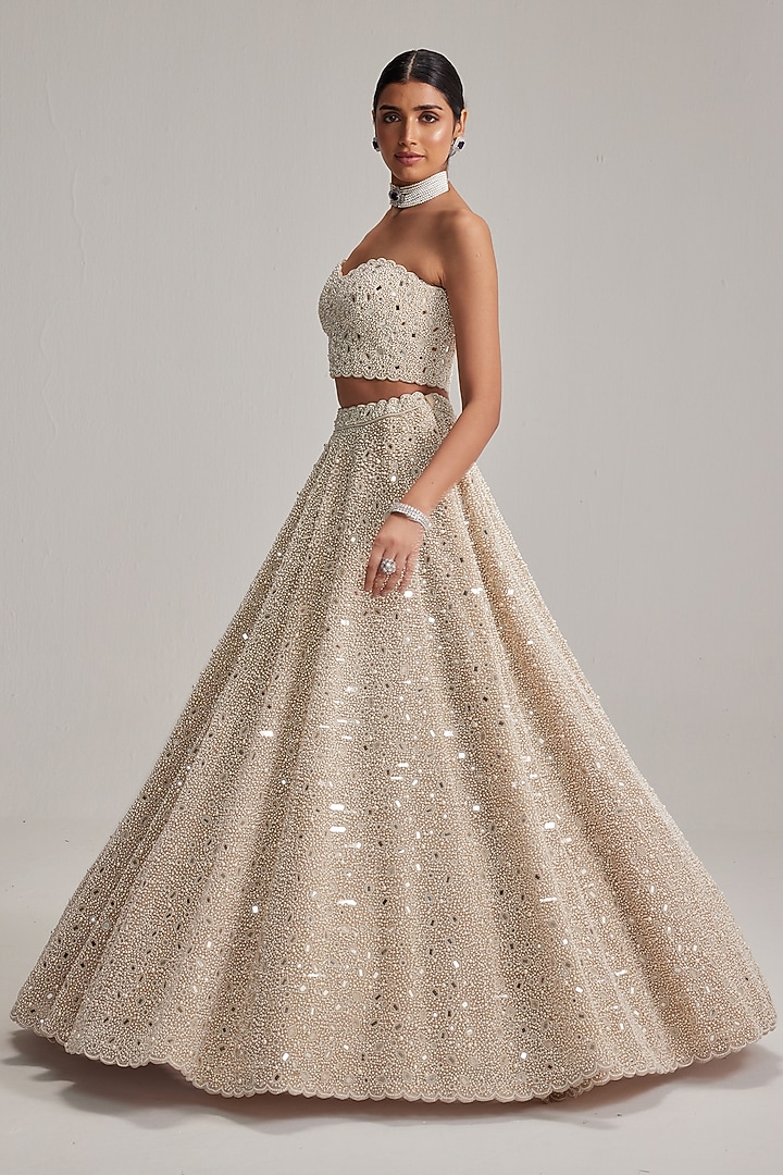 Light Beige Organza Mirror & Pearl Embroidered Bridal Lehenga Set by Vvani by Vani Vats at Pernia's Pop Up Shop