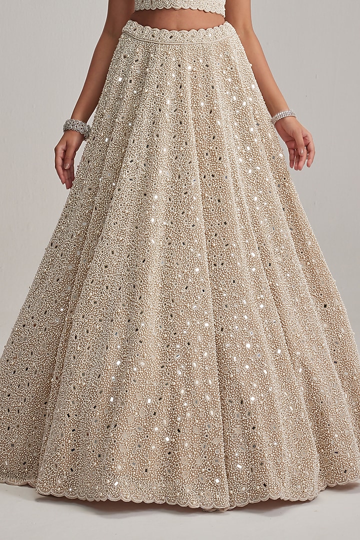Light Beige Organza Mirror & Pearl Embroidered Bridal Lehenga Set by Vvani by Vani Vats at Pernia's Pop Up Shop