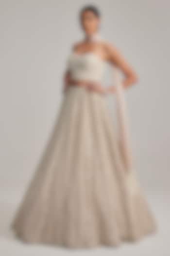 Light Beige Organza Mirror & Pearl Embroidered Bridal Lehenga Set by Vvani by Vani Vats at Pernia's Pop Up Shop