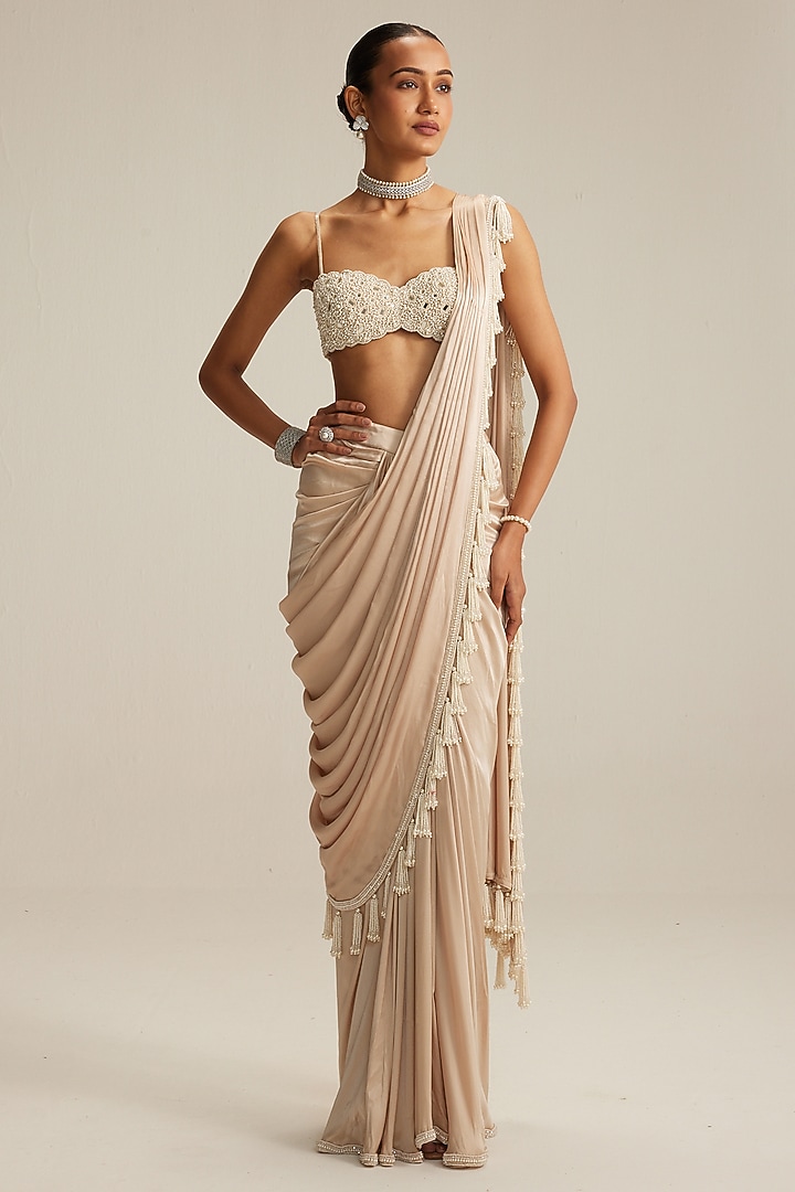 Light Beige Georgette Mirror Embroidered Draped Reception Saree Set by Vvani by Vani Vats at Pernia's Pop Up Shop