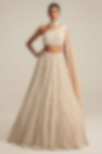 Light Beige Georgette Mirror & Pearl Embroidered Bridal Lehenga Set by Vvani by Vani Vats at Pernia's Pop Up Shop