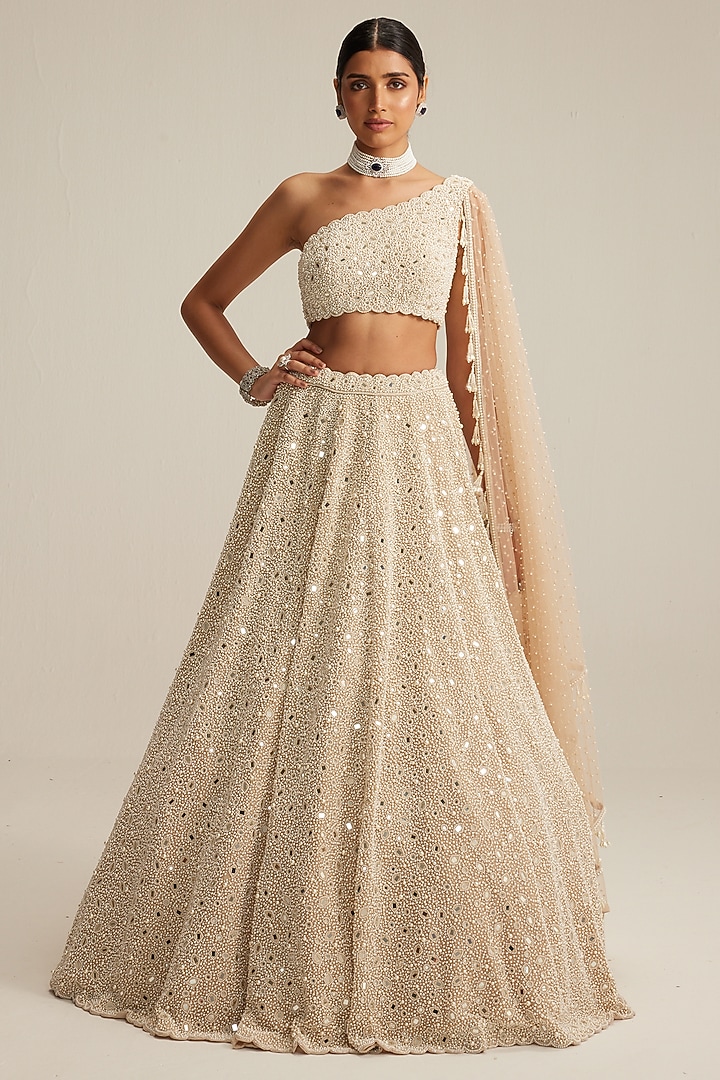 Light Beige Georgette Mirror & Pearl Embroidered Bridal Lehenga Set by Vvani by Vani Vats at Pernia's Pop Up Shop