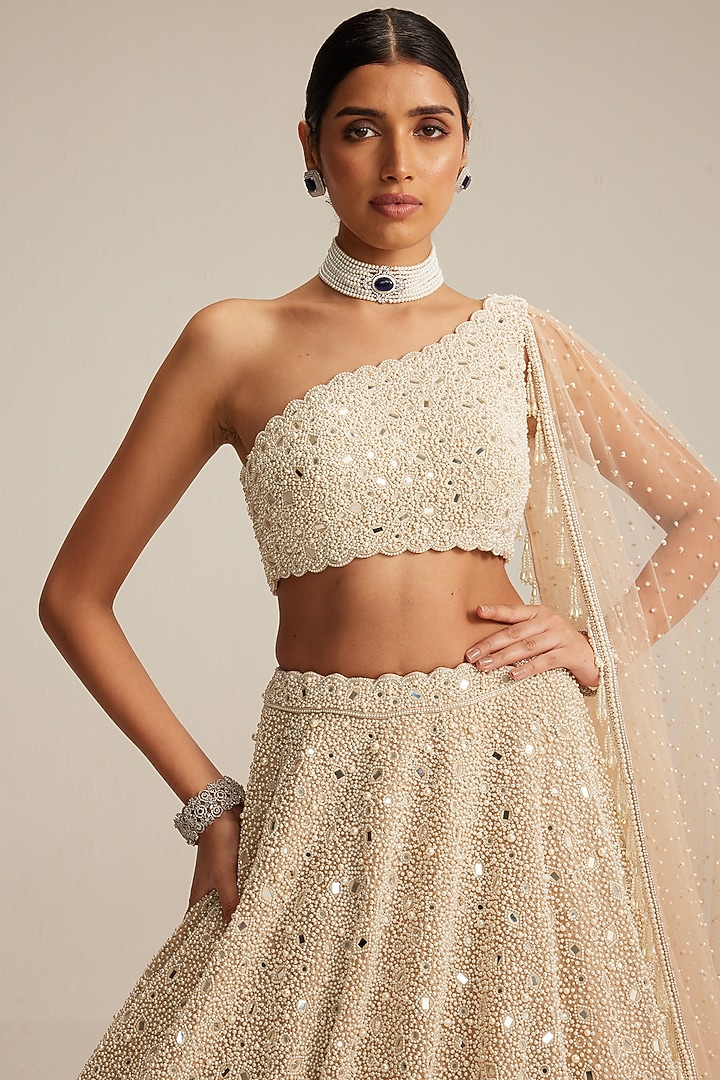 Light Beige Georgette Mirror & Pearl Embroidered Bridal Lehenga Set by Vvani by Vani Vats at Pernia's Pop Up Shop