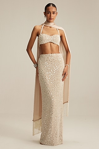 Light Beige Net Heavy Embroidered Pencil Skirt Set by Vvani by Vani Vats