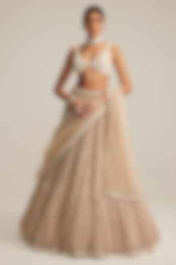 Light Beige Georgette Pearl Drop Embroidered Tiered Bridal Lehenga Set by Vvani by Vani Vats at Pernia's Pop Up Shop