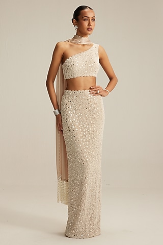 Light Beige Georgette Heavy Embroidered Pencil Skirt Set by Vvani by Vani Vats