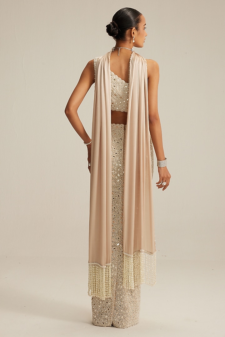 Light Beige Georgette Heavy Embroidered Pencil Skirt Set by Vvani by Vani Vats at Pernia's Pop Up Shop