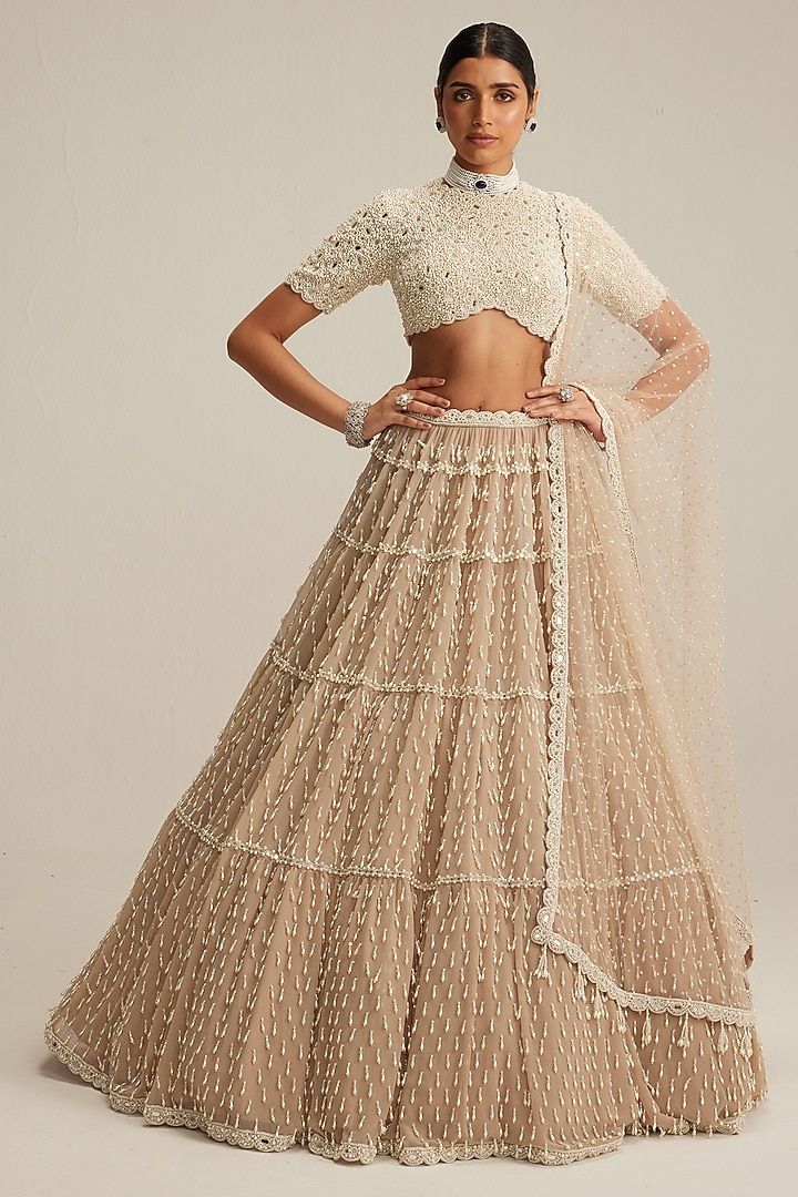 Light Beige Georgette Pearl Drop Embroidered Tiered Bridal Lehenga Set by Vvani by Vani Vats at Pernia's Pop Up Shop