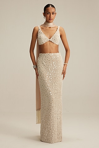 Light Beige Georgette Heavy Embroidered Pencil Skirt Set by Vvani by Vani Vats