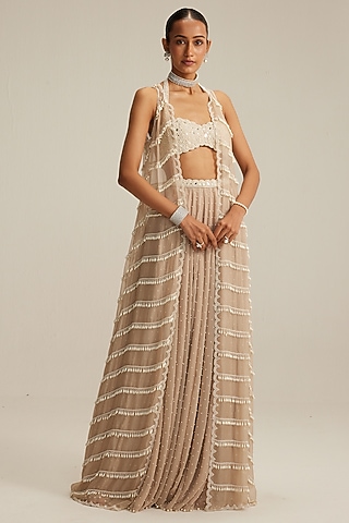 Light Beige Organza Pearl Embroidered Jacket Set by Vvani by Vani Vats