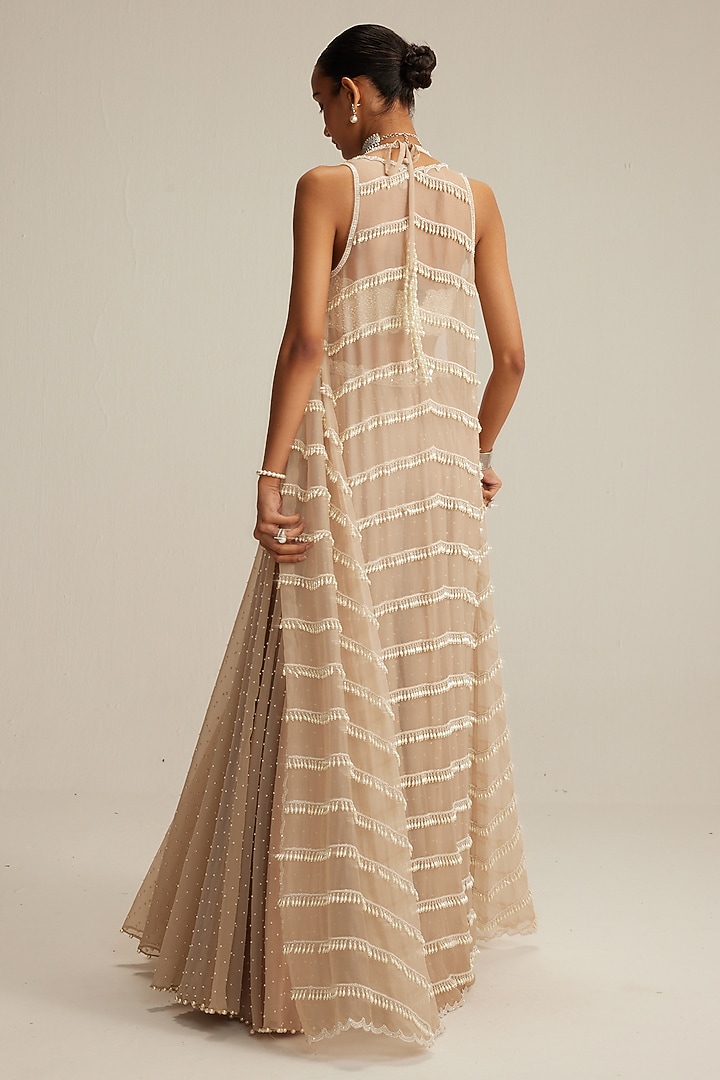 Light Beige Organza Pearl Embroidered Jacket Set by Vvani by Vani Vats at Pernia's Pop Up Shop