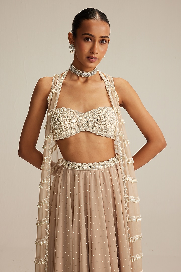 Light Beige Organza Pearl Embroidered Jacket Set by Vvani by Vani Vats at Pernia's Pop Up Shop