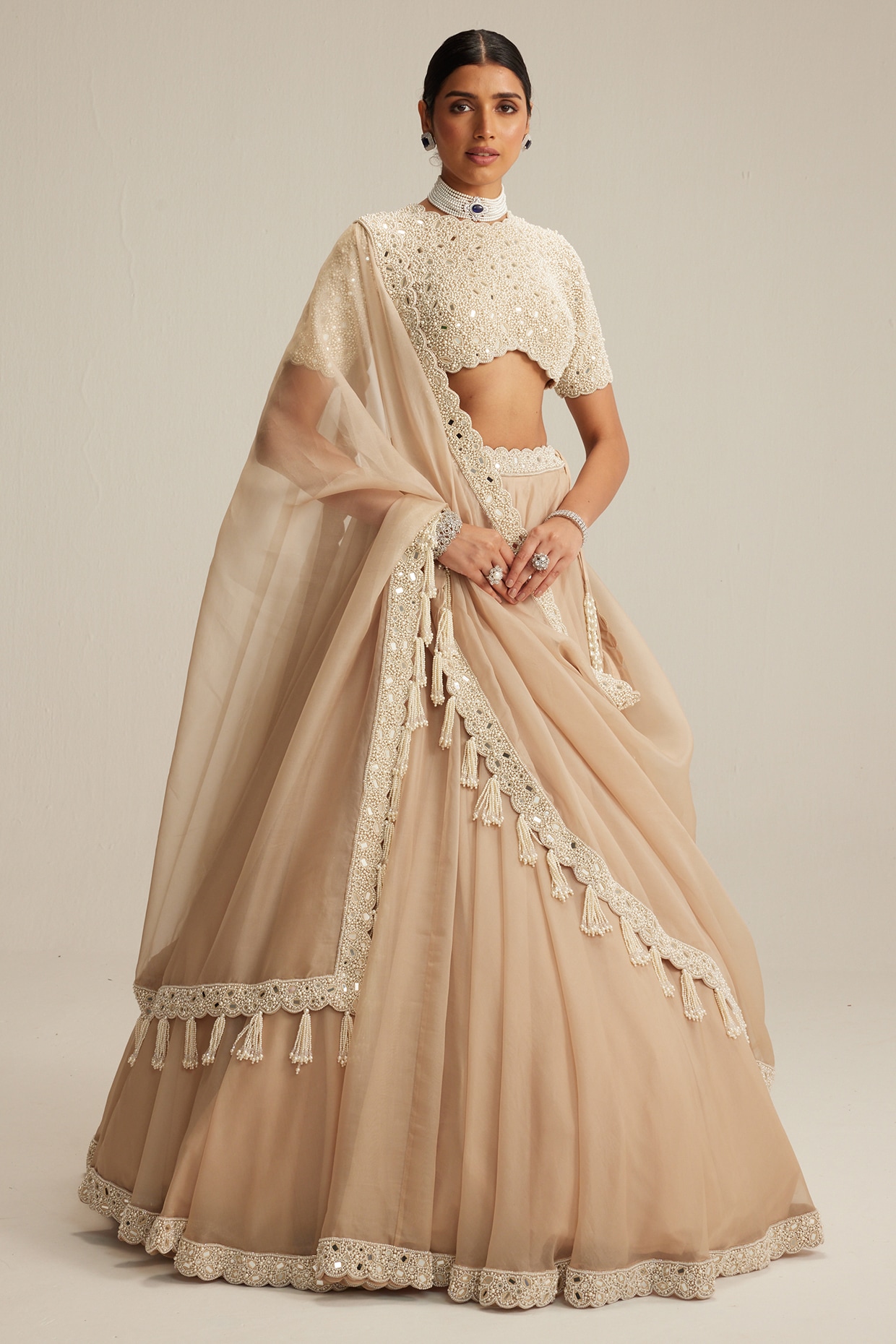 Vvani by Vani Vats Light Beige Organza Mirror Embroidered Lehenga Set