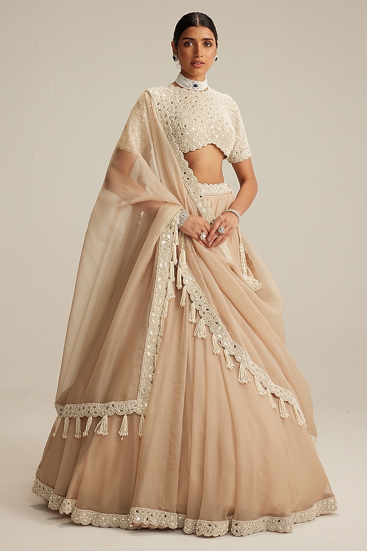 Light Beige Organza Mirror Embroidered Wedding Lehenga Set by Vvani by Vani Vats at Pernia's Pop Up Shop