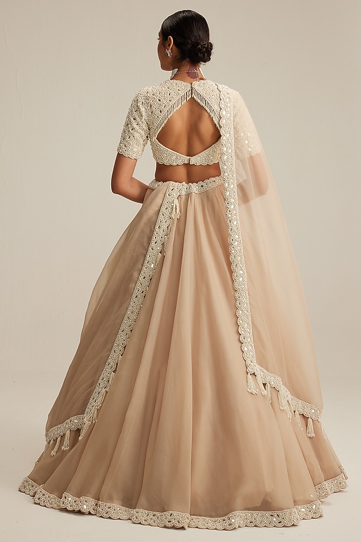 Light Beige Organza Mirror Embroidered Wedding Lehenga Set by Vvani by Vani Vats at Pernia's Pop Up Shop