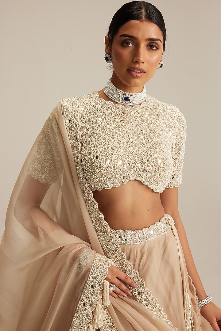 Light Beige Organza Mirror Embroidered Wedding Lehenga Set by Vvani by Vani Vats at Pernia's Pop Up Shop