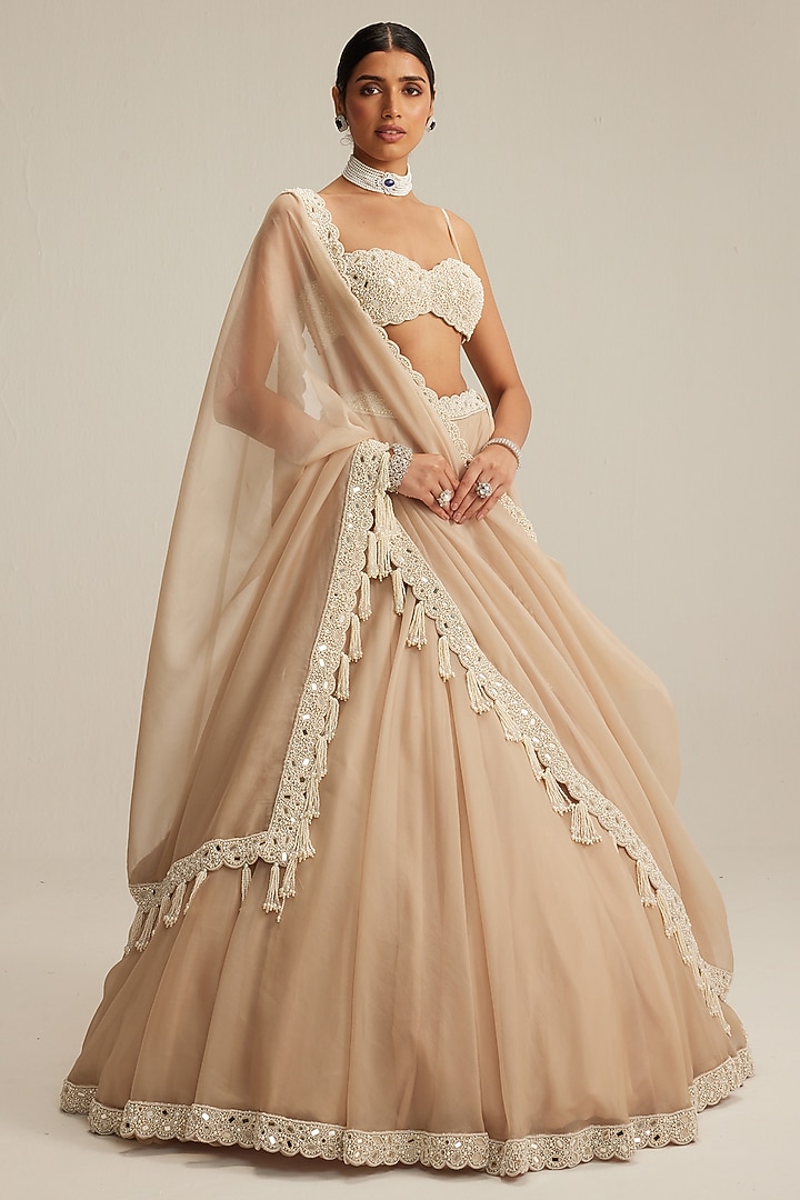 Light Beige Organza Mirror Embroidered Wedding Lehenga Set by Vvani by Vani Vats at Pernia's Pop Up Shop