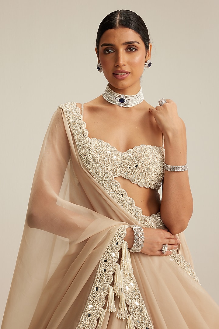 Light Beige Organza Mirror Embroidered Wedding Lehenga Set by Vvani by Vani Vats at Pernia's Pop Up Shop