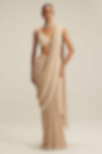 Light Beige Georgette Mirror Embroidered Pre-Draped Reception Saree Set by Vvani by Vani Vats at Pernia's Pop Up Shop