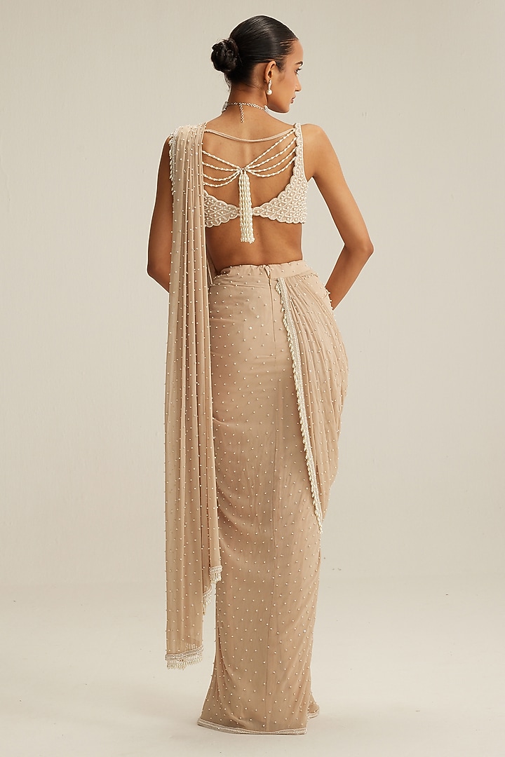 Light Beige Georgette Mirror Embroidered Pre-Draped Reception Saree Set by Vvani by Vani Vats at Pernia's Pop Up Shop