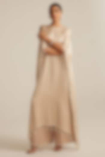 Light Beige Satin Pearl Embroidered Kaftan Set by Vvani by Vani Vats at Pernia's Pop Up Shop