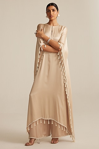 Light Beige Satin Pearl Embroidered Kaftan Set by Vvani by Vani Vats