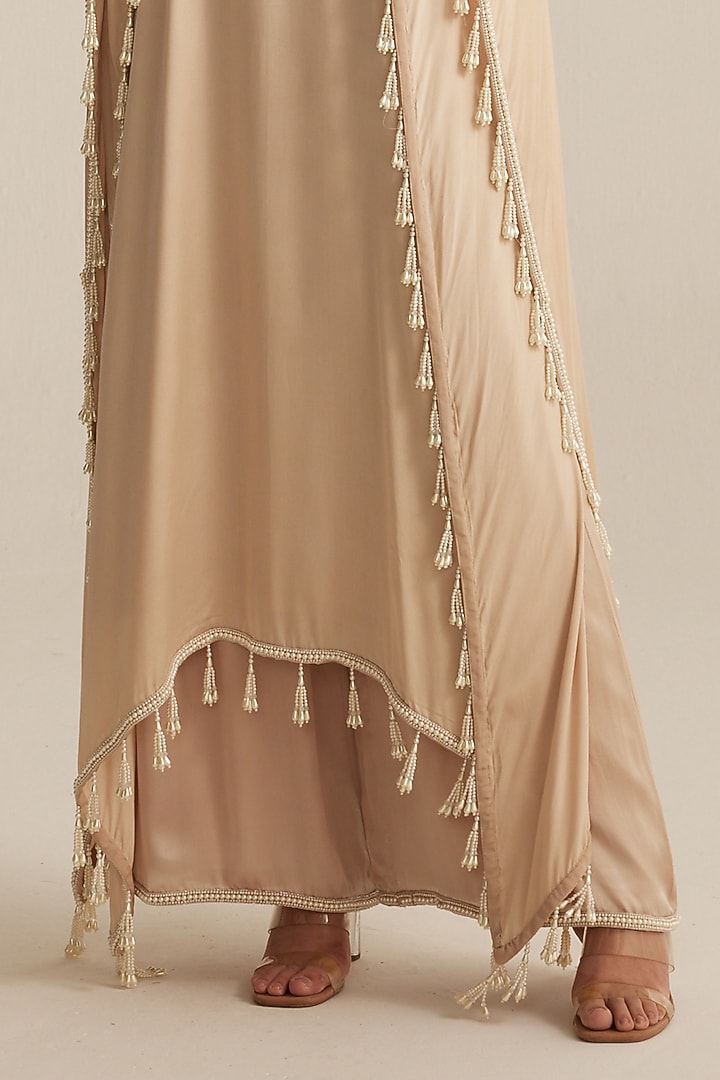 Light Beige Satin Pearl Embroidered Kaftan Set by Vvani by Vani Vats at Pernia's Pop Up Shop