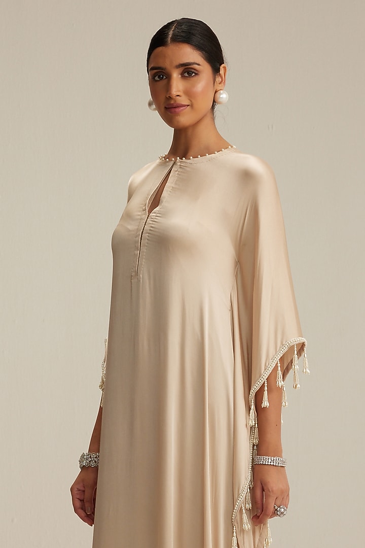 Light Beige Satin Pearl Embroidered Kaftan Set by Vvani by Vani Vats at Pernia's Pop Up Shop