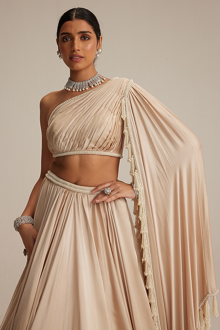 Light Beige Satin Wedding Lehenga Set by Vvani by Vani Vats at Pernia's Pop Up Shop
