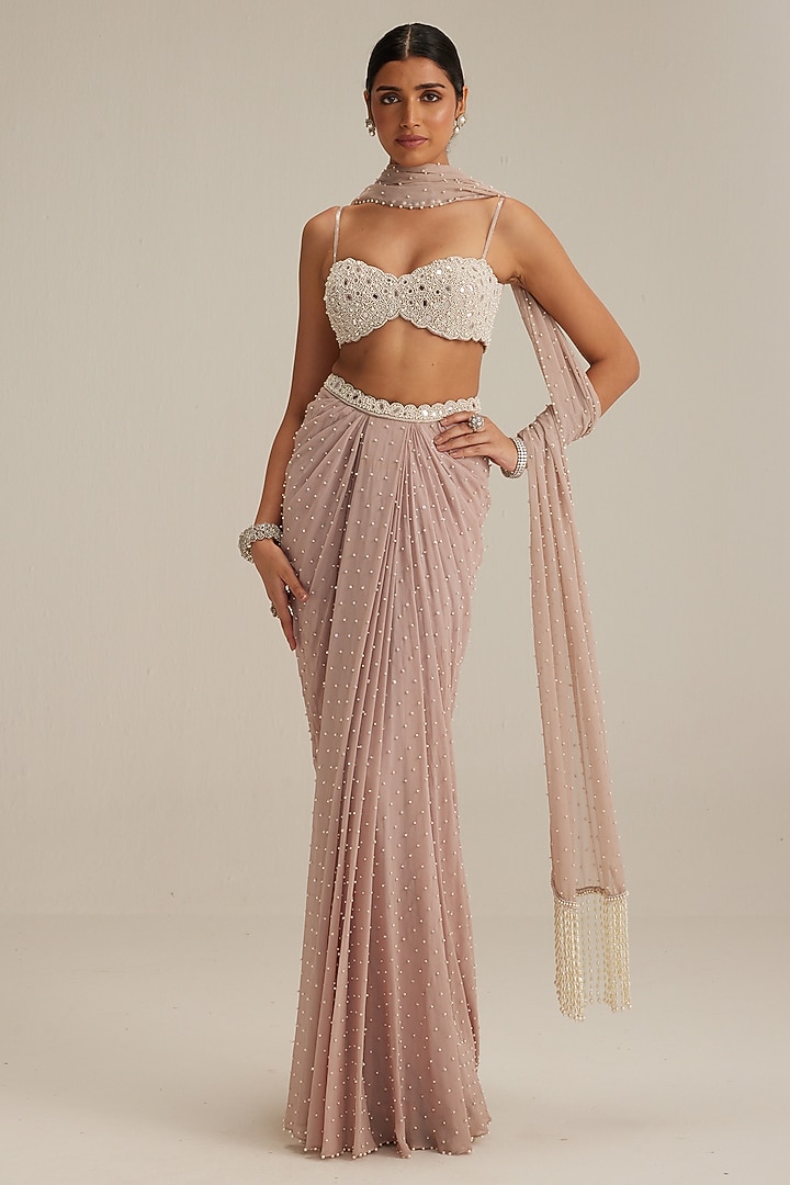 Ash Pink Georgette Draped Skirt Set by Vvani by Vani Vats at Pernia's Pop Up Shop