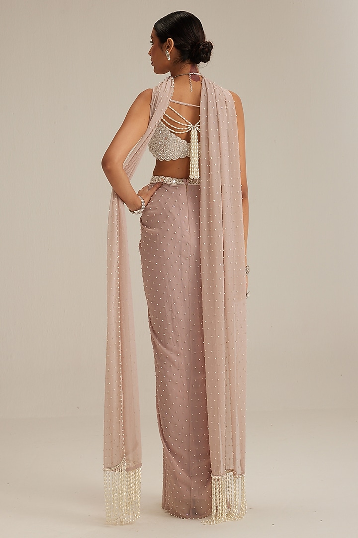 Ash Pink Georgette Draped Skirt Set by Vvani by Vani Vats at Pernia's Pop Up Shop