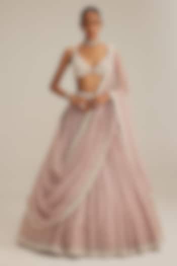 Ash Pink Organza Pearl Drop Embroidered Bridal Lehenga Set by Vvani by Vani Vats at Pernia's Pop Up Shop