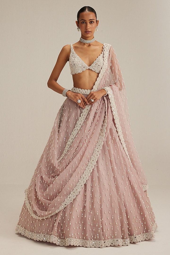Ash Pink Organza Pearl Drop Embroidered Bridal Lehenga Set by Vvani by Vani Vats at Pernia's Pop Up Shop