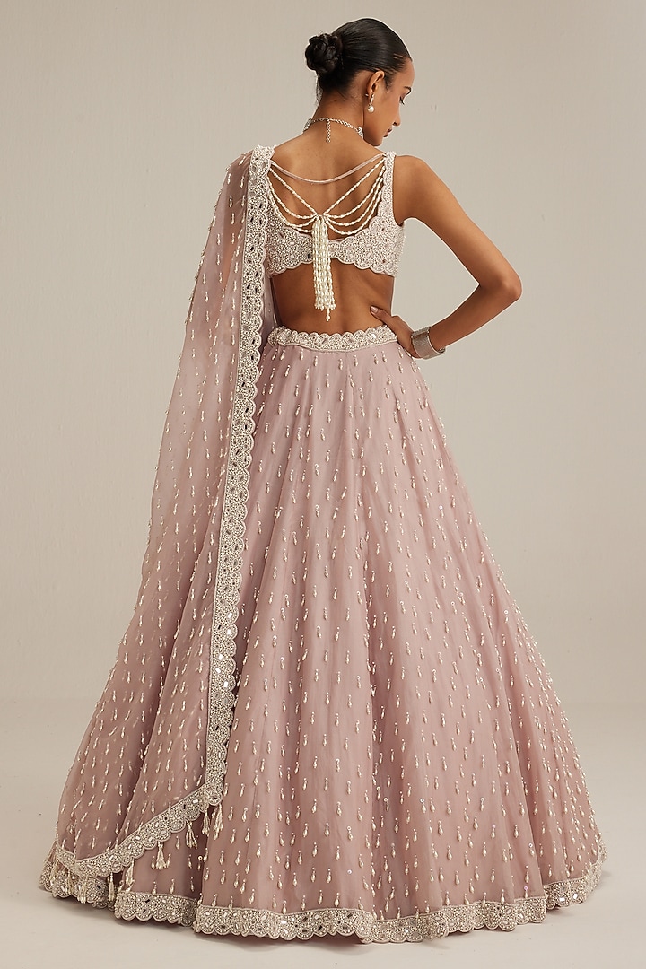 Ash Pink Organza Pearl Drop Embroidered Bridal Lehenga Set by Vvani by Vani Vats at Pernia's Pop Up Shop