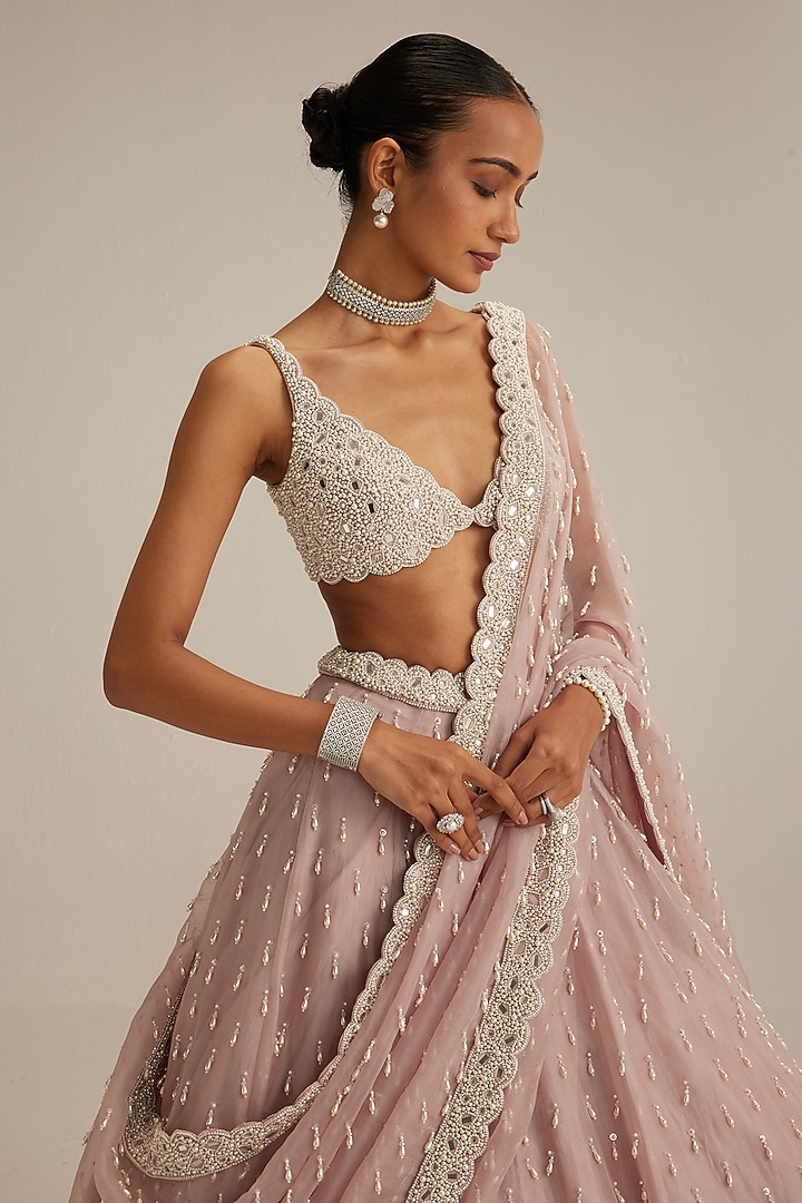 Ash Pink Organza Pearl Drop Embroidered Bridal Lehenga Set by Vvani by Vani Vats at Pernia's Pop Up Shop