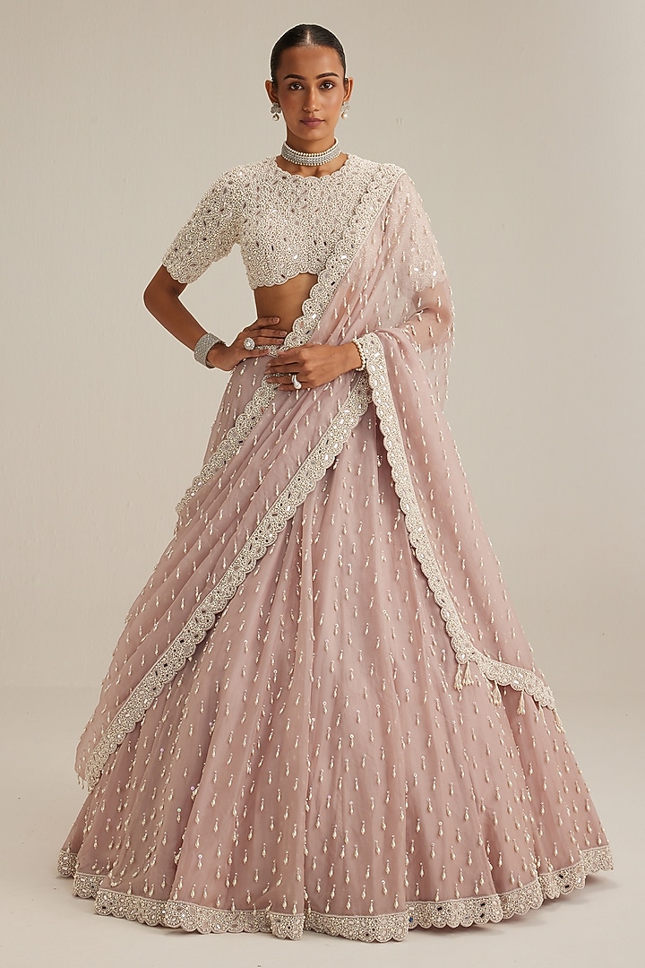 Ash Pink Organza Pearl Drop Embroidered Bridal Lehenga Set by Vvani by Vani Vats at Pernia's Pop Up Shop