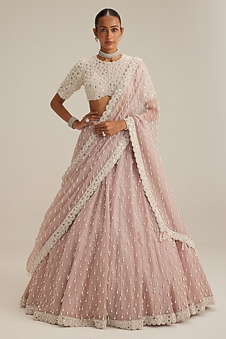 Ash Pink Organza Pearl Drop Embroidered Lehenga Set by Vvani by Vani Vats