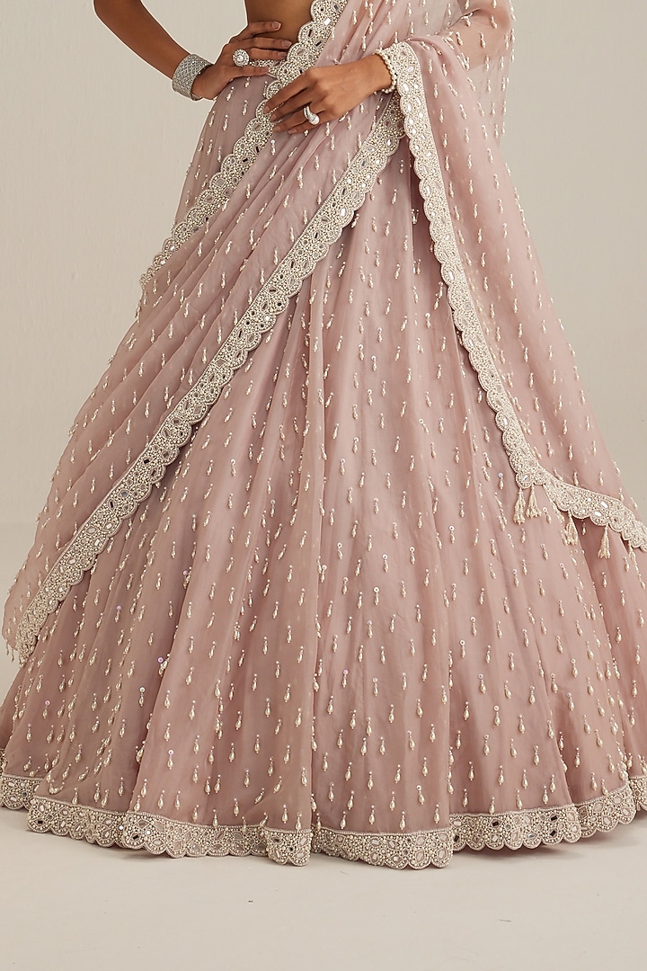 Ash Pink Organza Pearl Drop Embroidered Bridal Lehenga Set by Vvani by Vani Vats at Pernia's Pop Up Shop
