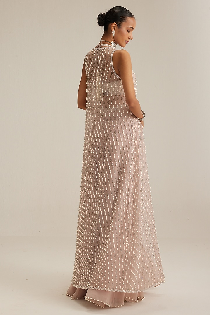 Ash Pink Organza Pearl & Mirror Embroidered Jacket Set by Vvani by Vani Vats at Pernia's Pop Up Shop