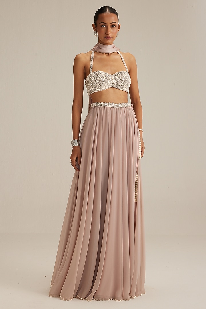 Ash Pink Georgette Skirt Set by Vvani by Vani Vats at Pernia's Pop Up Shop