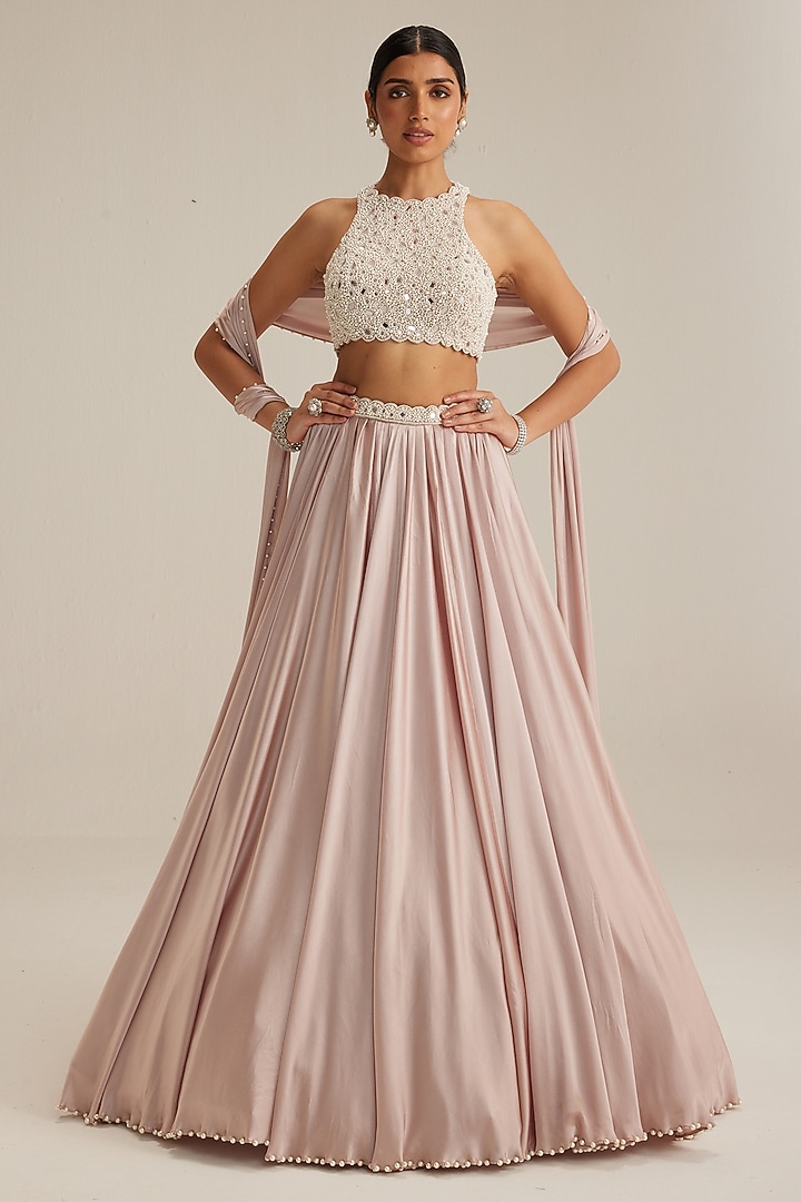 Ash Pink Satin Skirt Set by Vvani by Vani Vats at Pernia's Pop Up Shop
