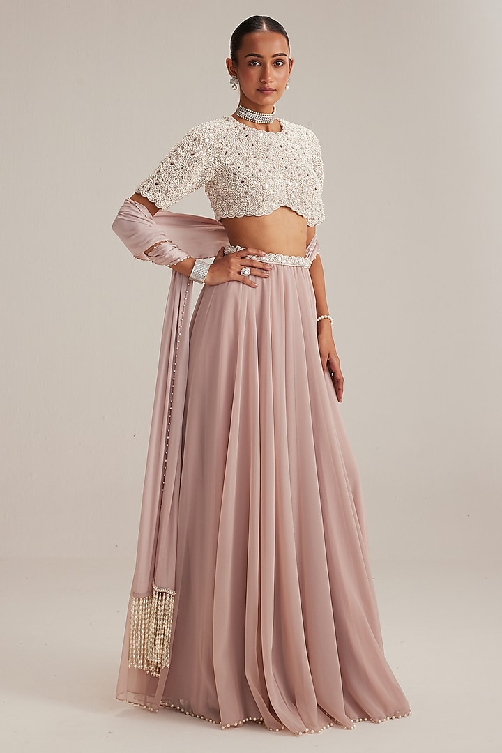 Ash Pink Georgette Skirt Set by Vvani by Vani Vats at Pernia's Pop Up Shop
