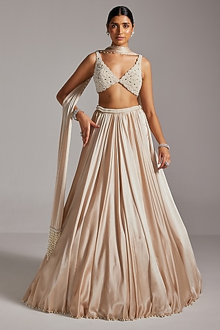 Light Beige Satin Skirt Set by Vvani by Vani Vats