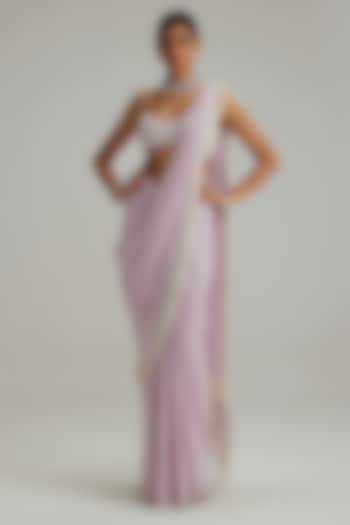 Lavender Georgette Mirror & Pearl Embroidered Draped Reception Saree Set by Vvani by Vani Vats at Pernia's Pop Up Shop