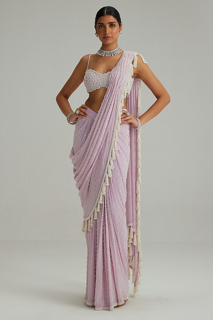 Lavender Georgette Mirror & Pearl Embroidered Draped Reception Saree Set by Vvani by Vani Vats at Pernia's Pop Up Shop