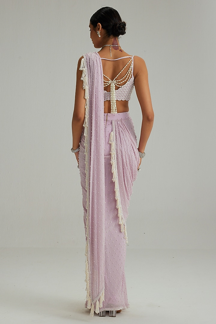 Lavender Georgette Mirror & Pearl Embroidered Draped Reception Saree Set by Vvani by Vani Vats at Pernia's Pop Up Shop