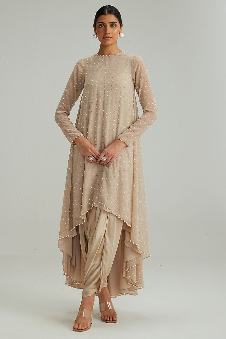 Light Beige Georgette Pearl Embroidered Kurta Set by Vvani by Vani Vats at Pernia's Pop Up Shop