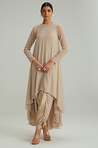 Light Beige Georgette Pearl Embroidered Kurta Set by Vvani by Vani Vats