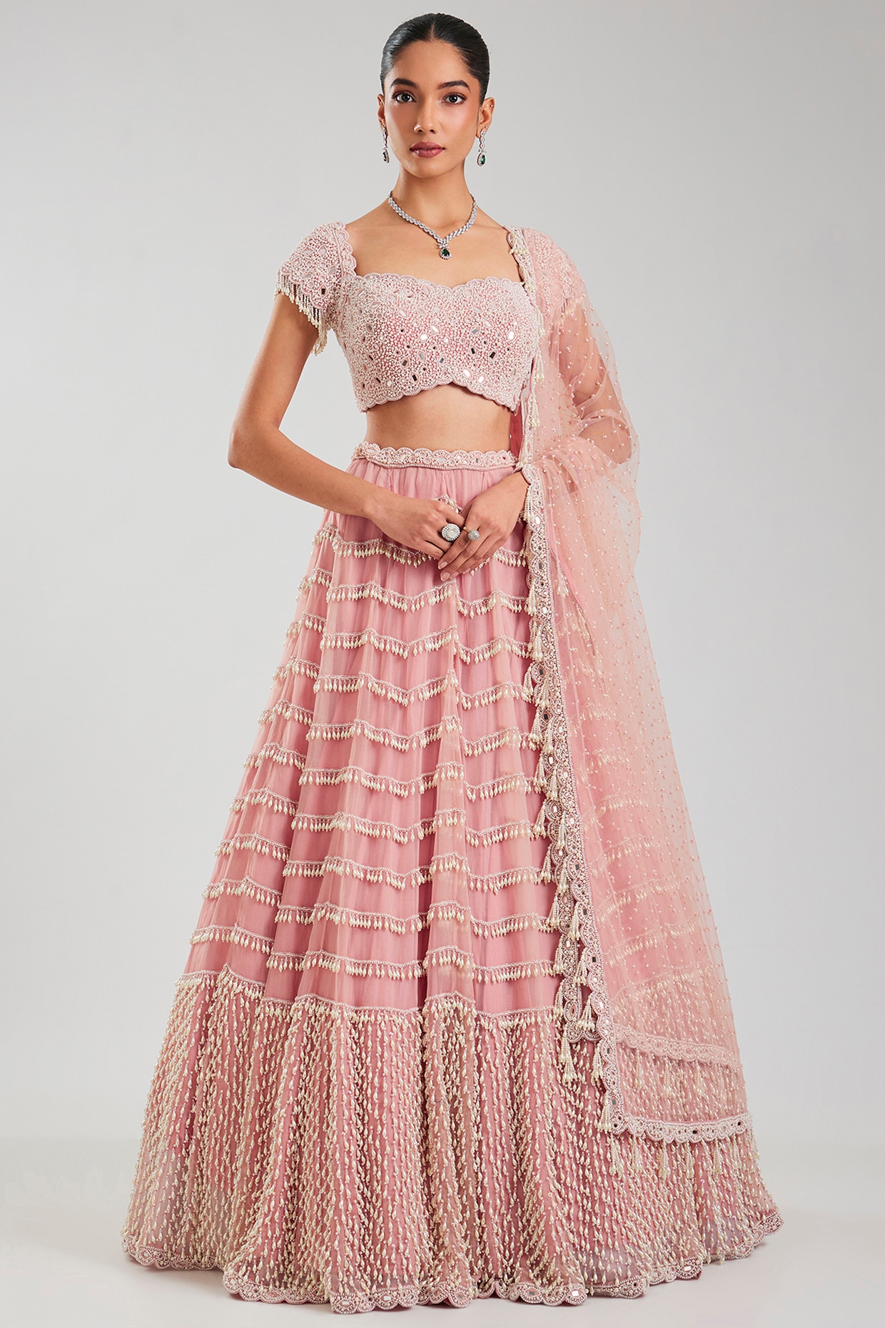 Vvani By Vani Vats Pink Organza Mirror & Pearl Embroidered Lehenga Set