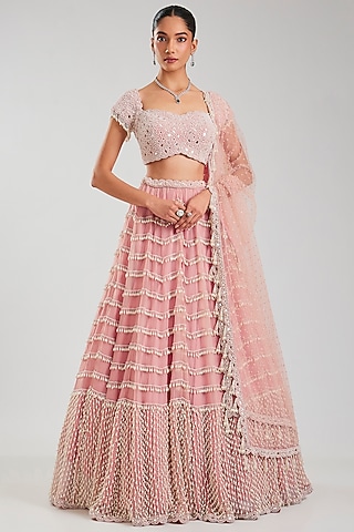 Pink Organza Mirror & Pearl Embroidered Lehenga Set by Vvani By Vani Vats